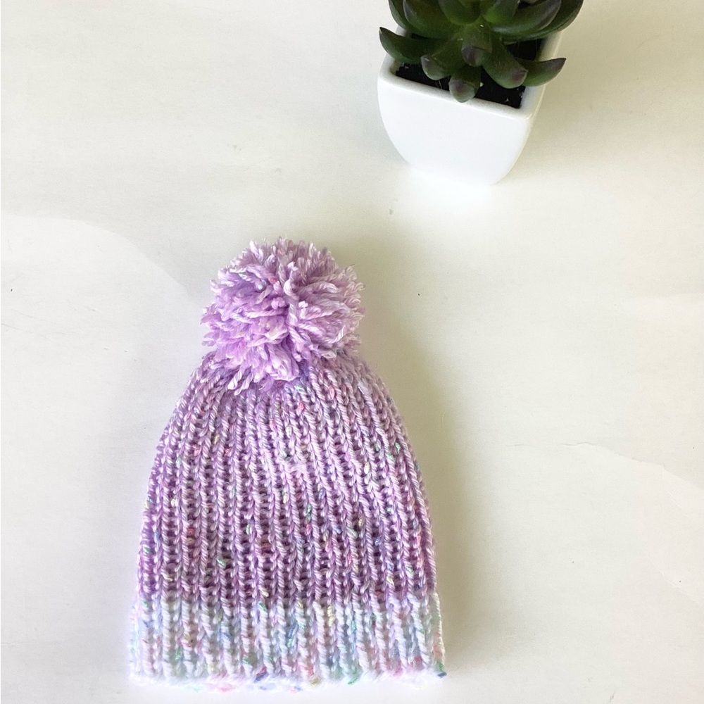 Baby Hat Hand Crafted Purple Knit Pom-Pom Beanie - Picture 10 of 13